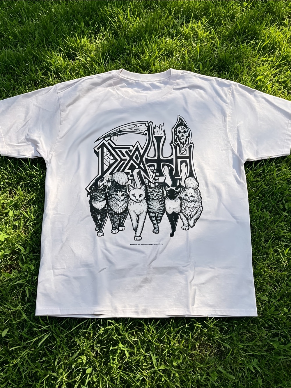 Death Pattern T-shirt- White Metallic Band T-shirt with Cat Pattern Unisex